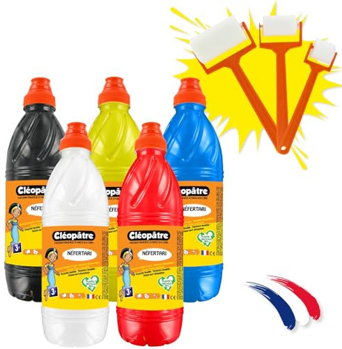 CLEOPATRE – Lot de 5 Bouteilles de Peintures Gouache de 1L, avec 3 Rouleaux Éponges – Couleurs Vives Lavables – École et Loisirs Créatifs pour Enfant