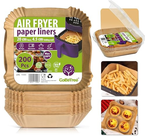 200 Piezas Papel Freidora Aire cuadrado de 20-24’5 cm, air fryer papel, Resistente, Sin BPA, Papel pergamino Antiadherente Desechable. Horno y Freidora de Aire sin aceite para Cosori Cecotec 5,5L 6L