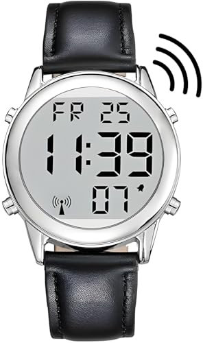 MAUJOY Montre parlante allemande pour homme - Montre radio-pilotée - Écran LCD - Grand chiffre facile à lire - Annonce de la date et de l'heure - Pour les aveugles, les personnes âgées et les