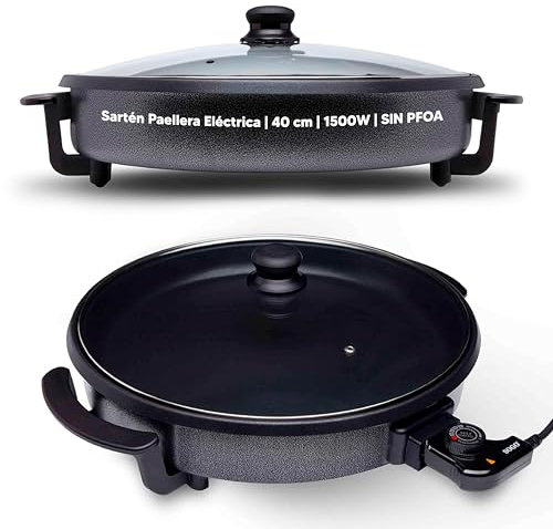 SOGO Sartén Paellera eléctrica con Tapa de Cristal Reforzado y Recubrimiento antiadherente | Ø interior 42 cm | profundidad 4,5 cm | termostato ajustable hasta 240º C | 1500W |SIN PFOA (SS-10062)