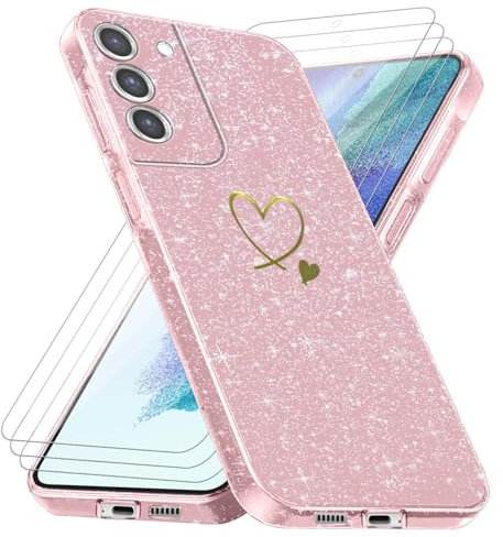crisant Handyhülle für Samsung Galaxy S21 FE 5G (Nicht für S21) mit 3 Stücke Schutzfolie, Weich TPU Anti-Fingerabdruck Hülle, Glitzer und Absturzsicherung Schutzhülle (Rosa)