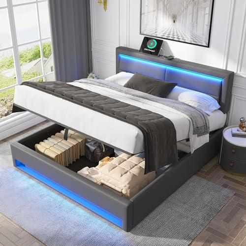 ModernLuxe Upholstered Double Bed, 4FT6 Bed Frame with Hydraulic Lever, Functional Storage Ottoman Bed with LED lighting, USB port Wireless & Wired Charging, PU-Lychee Design, Grey, 135x190cm