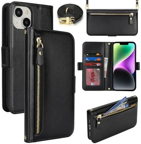 Lipvina Handyhülle für iPhone 13/14 mit praktischem Band und Kartenfach - stilvolle Klapphülle mit Handykette aus hochwertigem Leder Hülle für iPhone 13/14 - Schwarz