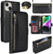 Lipvina Handyhülle für iPhone 13/14 mit praktischem Band und Kartenfach - stilvolle Klapphülle mit Handykette aus hochwertigem Leder Hülle für iPhone 13/14 - Schwarz