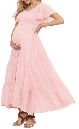 guruixu Swiss Dot Smocked Maternity Dress for Photoshoot, Baby Shower