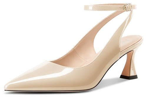 NobleOnly Womens Close Pointed Toe Ankle Strap Kitten Heels Slingback Dress Wedding Casual Pumps Court Shoe 6 CM Heels Nude 9 UK
