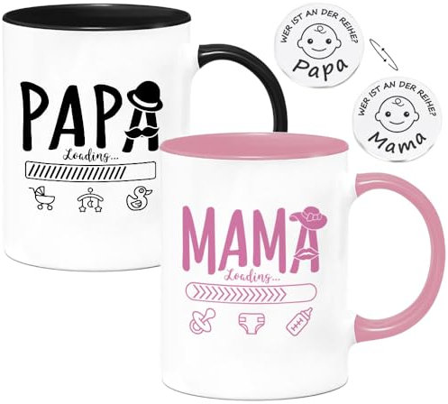 Geschenke zur Geburt für Werdender Eltern und Neugeborene, Neue Papa Mama Tassen Set with Entscheidungsmünze, Schwangerschaft Geschenkideen für Werdende Junge Mütter Väter Geschenk (für Mama und Papa)