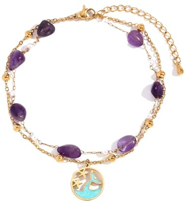 Bracelet de cheville violet en pierre naturelle pour femme en acier inoxydable double couche chaînes de pied océan mer queue de poisson étoile pendentif breloque goutte bijoux