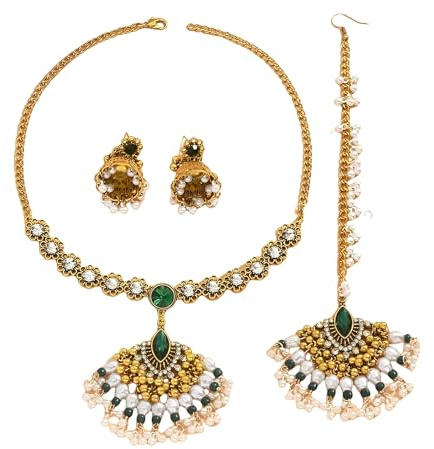 Brautschmuck-Set für Frauen – indische antike vergoldete Halskette, Ohrringe & Maang Tikka mit Strass und Perlen – Bollywood-Hochzeit, Festival, ethnischer Schmuck, Geschenk