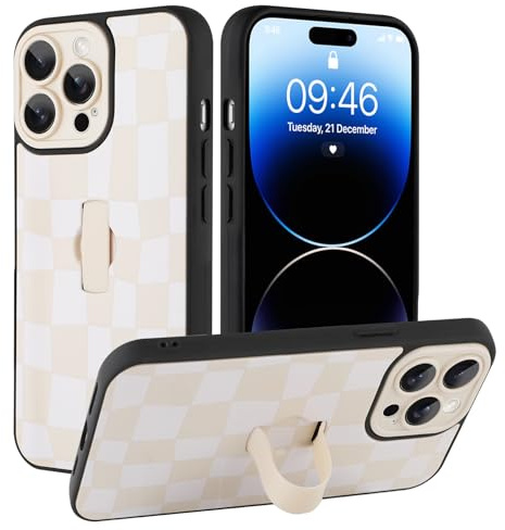 SOKAD for iPhone 14 Pro Case with Finger Strap Kickstand, Cute Checkered Checkerboard Phone Case with Finger Hand for Women Men, Slim Full Camera Protection Shockproof Case Cover, White