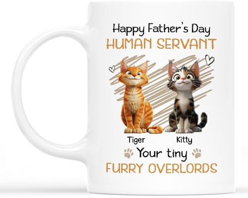 Personal Chic Custom Mug Name - Happy Father's Day Human Servant Cat - Mugs for cat Lovers (5 Cats)