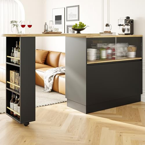 Merax 360° swivelling 3 Tier Dining Bar table, Mobile Kitchen Storage Island with 2 doors Cabinet, Shelves, Extendable Table, for Kitchen, Dining Room, Living Room, Black/Main Body 90 x 45 x 100 cm