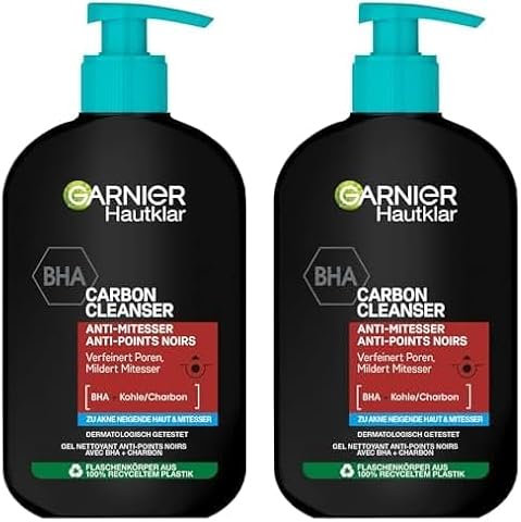 Garnier Hautklar Waschgel, BHA Carbon Cleanser mit Kohle, Anti-Mitesser & Anti-Pickel Waschgel und Gesichtsreiniger, 250 ml (Packung mit 2)
