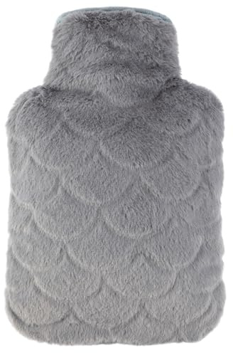 OWOZOI Wärmflasche mit Bezug Flauschig, Kuschelig Wärmflaschen mit Tasche Fellbezug für Hände, 2L Groß Naturkautschuk Gummi Wärmeflasche, Bettflasche für Erwachsene (Grau)