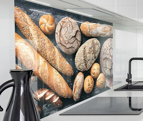 timalo Küchenrückwand Glasoptik | 60 x 40 cm Brot Brötchen Baguette, frische Backwaren | Acryl Glas 2mm | Spritzschutz Wand für Herd, Küche Glasrückwand Acrylglas Wandpaneele Rückwandschutz Platte