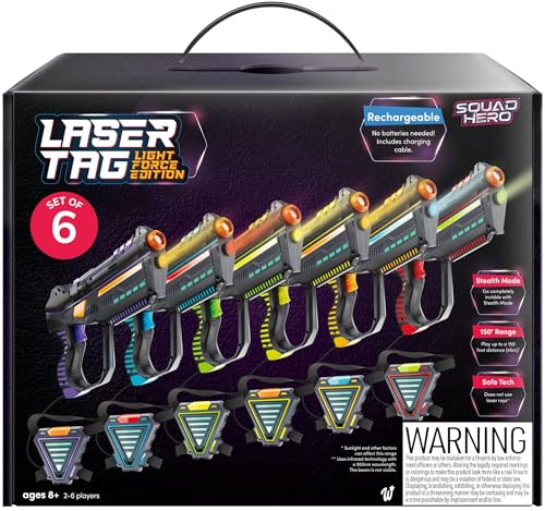 Squad Hero Set of 6 Rechargeable Laser Tag for Kids Teens & Adults - Boys Gifts - Blasters & Vest Sensors - Fun Ideas Age 8+ Year Old Toys - Lazer Teen Boy Game Boys & Girls Outdoor Teenage Activities