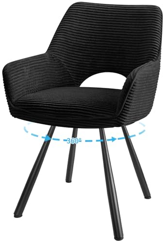 JIJIAN 1er Set 360° Drehbare Esszimmerstühle mit Armlehnen, Schwarz | Drehbar Stühle Esszimmer mit Metallbeinen, Moderner Küchenstuhl aus Cord, Polsterstuhl für Esszimmer, Küche, Wohnzimmer