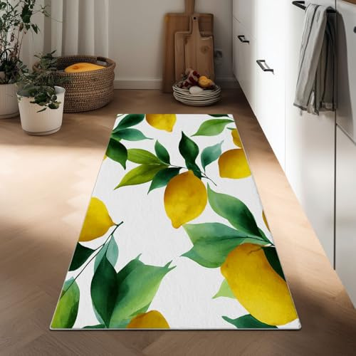 Generisch Küchenläufer Rutschfester waschbarer Teppich 60 x 180 cm, Bettumrandung Schlafzimmer Teppiche Aquarell-Stil Weicher Kurzflor Frucht Zitrone Pflanze Blätter Teppichläufer für Flur Eingang