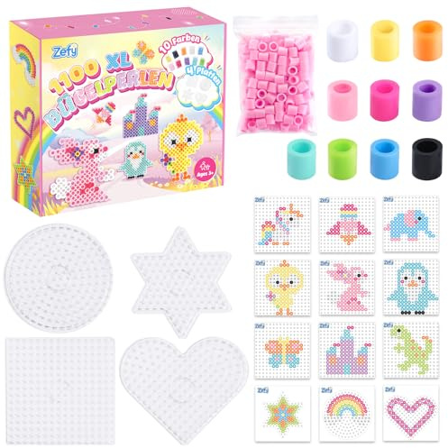 Zefy 10mm 1100 Stück Bügelperlen mit 4 Steckplatten | 11 Farben Groß Bügelperlen Set Maxi Steckperlen für Kinder ab 3 Jahren (Pastell)
