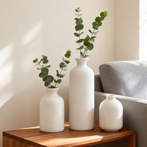 Weiß Keramik Vase, 3er-Set Moderne Blumenvasen Nordischer Stil Vasen Set Wohnzimmer Deko, Minimalistische Kleine Vasen für Tischdeko, Skandinavische Deko Vase für Pampas Grass, Home Decor