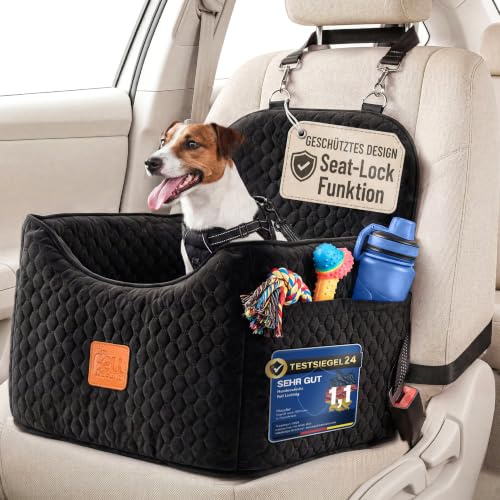 Premium Hunde Autositz für kleine Hunde [Testsieger] | Max. Sicherheit durch Seat-Lock Funktion & Sicherheitsgurt in hoher Qualität, orthopädisch & waschbar, extra Schmutzschutz
