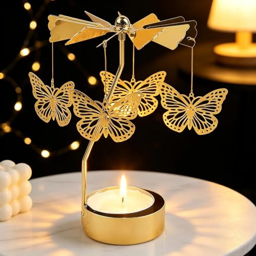 TENGWA Teelicht Karussell Schmetterlinge Teelicht Pyramide Glücks-Windmühle | Weihnachtskarussell Teelichtständer Gold für Valentinstag Weihnachten Hochzeiten Partys und als Dekoration für Zuhause
