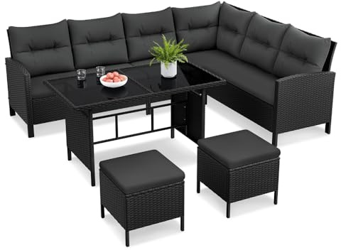 Yaheetech Ensemble Salon de Jardin en polyrotin Lot de Mobilier 4 Pièces Canapés Extérieur avec Table et Ottomans Meubles pour Balcon Terrasse Véranda Salon Noir/Gris