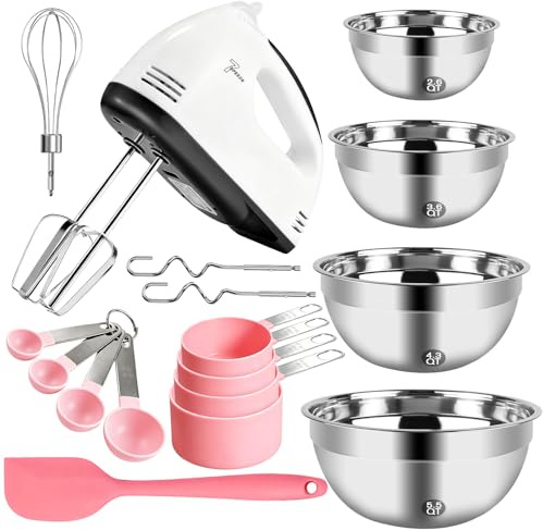 Electric Hand Mixer Baking Set with 7 Speeds, 4 Stainless Steel Mixing Bowls, Measuring Cups & Spoons, Silicone Spatula - Complete 180W Handheld Whisk for Cakes, Dough & Everyday Baking