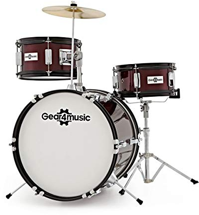 Junior 3 Piece Drum Kit by Gear4music, Wine Red | For Younger Beginners Ages 5-10, Three-Piece Kit with Snare, Bass Drum and Cymbal, Quick to Set Up, Stool Included