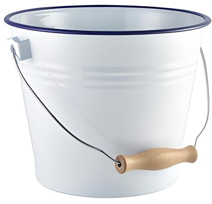 GenWare Enamel Bucket White with Blue Rim 22cm – Retro Enamel Ice Bucket with Handle, 5.2L Metal Enamelware Bucket for Beer Wine Ice Drinks & Food Presentation – Vintage Style Serving Bucket