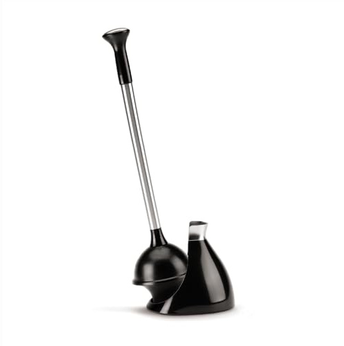 simplehuman Toilet Plunger with Holder Set, Magnetic Drip-Free Cover, Narrow Flange for Modern Low-Flow Toilets, Hidden Dome Storage, Stainless Steel, Black
