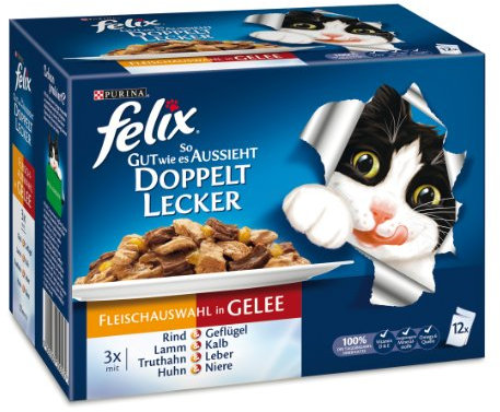 Felix So gut wie es aussieht Doppelt lecker Fleisch Mix12x100g Katzenfutter von Purina, 3er Pack (3 x 1,2 kg)