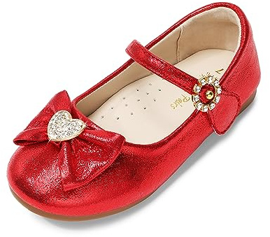 Dream Pairs Mary Jane Ballet Flats Girl ANGEL-22 | Rhinestone Heart Bow, Easy Hook-Loop Small Hands, Cushioned Heel Comfort