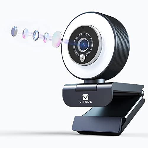 VITADE Webcam FHD 960A 1080P con luce ad anello, webcam streaming per PC con doppio microfono, Fast AutoFocus, H.264 Sharp Image, Plug and Play, Webcam USB per Zoom Meeting Skype Teams Twitch