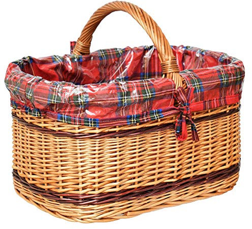 Einkaufskorb Weidenkorb Autokorb Korb Korbwaren mit Einlage Rosen Kariert Vintage Retro Weide (Braun - mit Einlage (KARIERT))