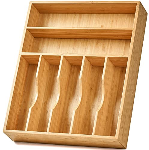 Küchenschubladen-Organizer, 33 cm Besteck-Utensilienhalter, extra tief, mit rutschfesten Füßen und gerilltem Schubladenteiler, 7 Fächer, insgesamt Bambus-Holz-Caddy für Besteck, Besteck, Messer,