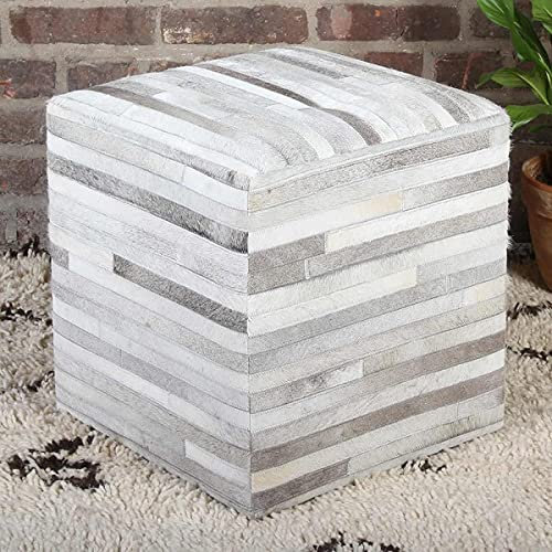 Patchwork Fell-Hocker Liem weiß grau 45x45x48 cm (B/T/H) aus echtem Fell & Holz Sitzhocker quadratisch echt Ledersitzkissen Pouf modern edel Echtleder Polsterhocker HH5606
