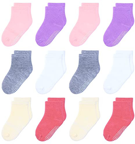 Calzini per bambini Ragazze 3 4 5 anni Calzini per bambini in cotone con impugnature antiscivolo 12 paia Calzini per bambini con design colorato per neonati Bianco/Grigio/Viola/Rosa/Giallo
