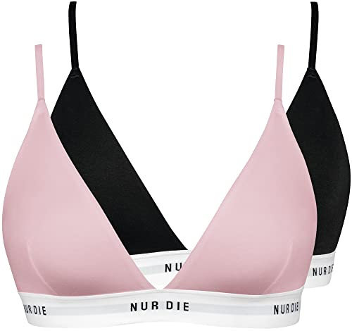Nur Die 2er Pack Soft BH sportlich ohne Bügel bügelloser BH Triangel Bra Bustier Baumwolle Damen, schwarz/Rose, L