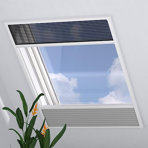 Radeco® Dachfenster Fliegengitter Plissee Kombi grau 100 x 160 cm (BxH), Insektenschutz und Sonnenschutz, Selbst kürzbar, fliegengitter dachfenster, fliegengitter schrägfenster, plissee dachfenster