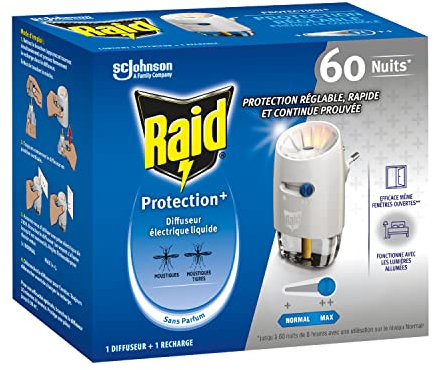 Raid Diffuseur Electrique Liquide Protection+ - Protection Réglable - Moustiques & Moustiques Tigres - 1 Diffuseur + 1 Recharge 60 Nuits