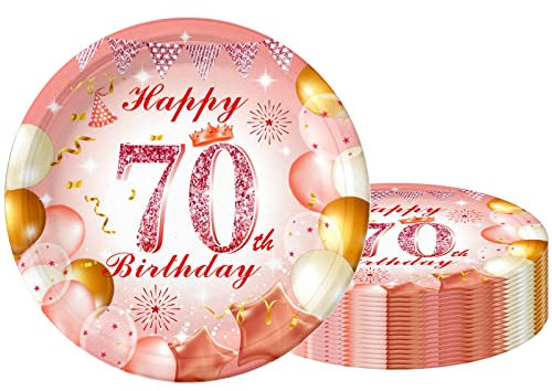 POPOYU 70th Party Plates 9 inch Rose Gold,70th·Birthday Paper Plates Rose Gold 16Pcs,70th Pink Rosegold Birthday Paper Tableware Set for Her Birthday·Gifts,70th·Women Birthday Party Decorations