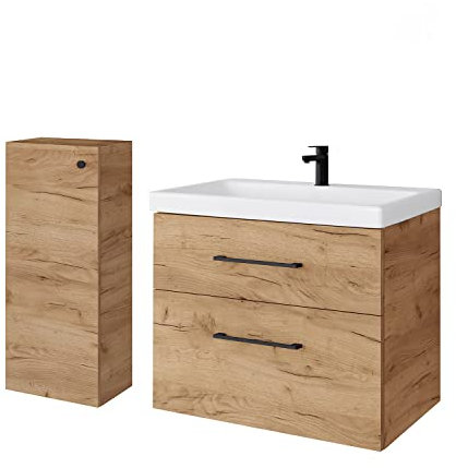 Planetmöbel Badmöbel Set Waschtisch mit Unterschrank 63 x 60 x 36,5 cm, inkl. Midischrank, moderner Waschbeckenunterschrank für Badezimmer, Gäste Bad & WC, Gold Eiche