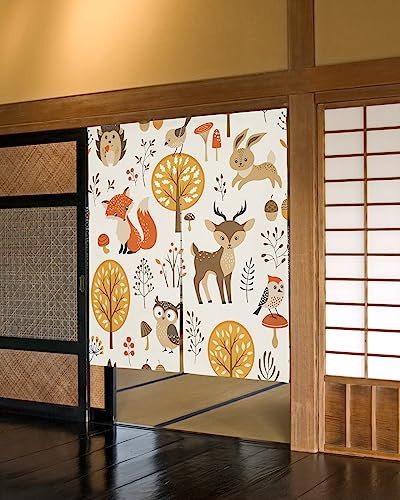 NYCUBE Herbst Wald Cartoon Tier Eule Fuchs Japanischer Türvorhang Restaurant Küche Eingang Trennvorhänge Maßgeschneiderter Halbvorhang 85x120cm