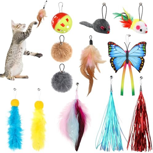 QUOZUO 12 Stück Interaktive Katzenspielzeug Feder, Ersatzspielzeug mit Glöckchen, Katzenangel Ersatzfedern Anhänger Federn Katzen Spielzeug für Katze
