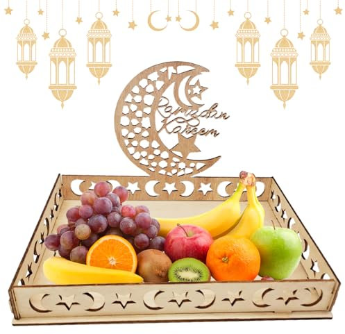 KERANEET Ramadan Tablett Holz Serviertablett Teller Mond Servierbrett Ramadan Dekorieren Tablett Ramadan Tabletten Mond Stern Serviertablett für Blühend Frühstück Abendessen (Dunkle Mondsterne)