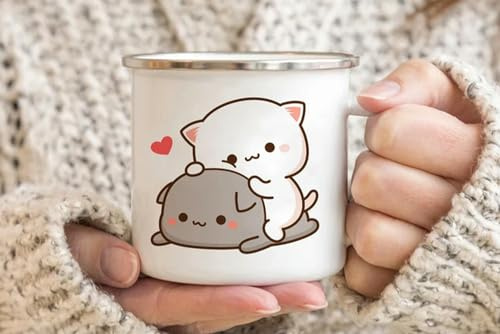 umsl Taza esmaltada de melocotón y goma con diseño de gato, taza de café y té, lindo animal, desayuno, postre, leche, agua, regalo para parejas