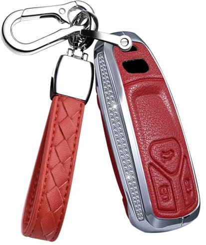 HIBEYO Keyless Autoschlüssel Hülle passt für Audi Leder Schutzhülle Schlüsselhülle für Audi A3 A4 A6 A7 A8 Q2 Q3 Q5 Q7 S4 S5 S7 S8 SQ5 SQ7 Schlüsselgehäuse Schlüsselanhänger 3Tasten-Rot