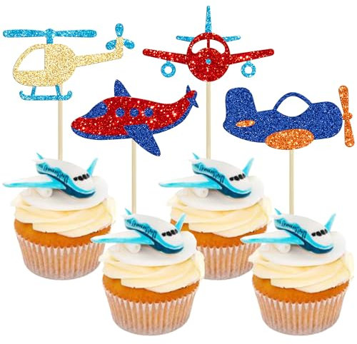 Gyufise 24Pcs Airplane Cupcake Toppers Glitter Aircraft Cupcake Picks Plane Cupcake Toppers Airplane Cake Toppers for Airplane Theme Party Birthday Cake Decoration Supplies