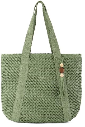 Syrads Sac de plage en paille pour femmes Sac fourre-tout tissé d’été Sac à main à bandoulière Boho Hobo Sacs,Vert